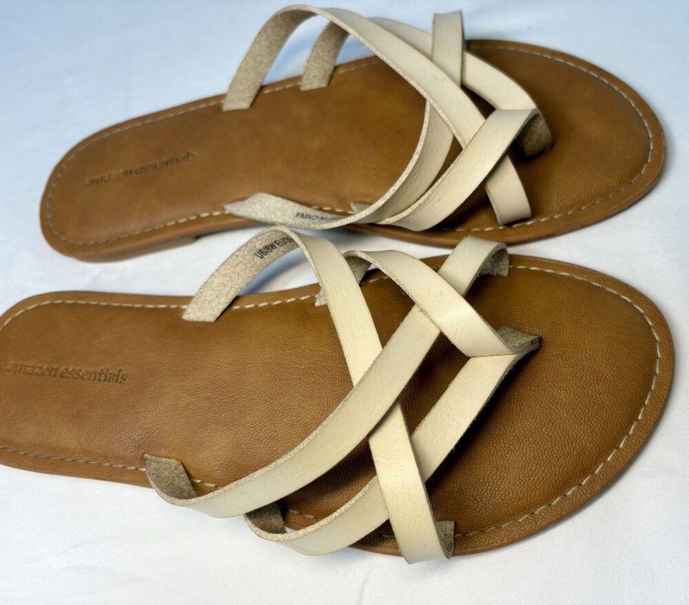 Amazon Essentials Tan Beige Strappy Faux Leather Slip On Sandals Womens 8